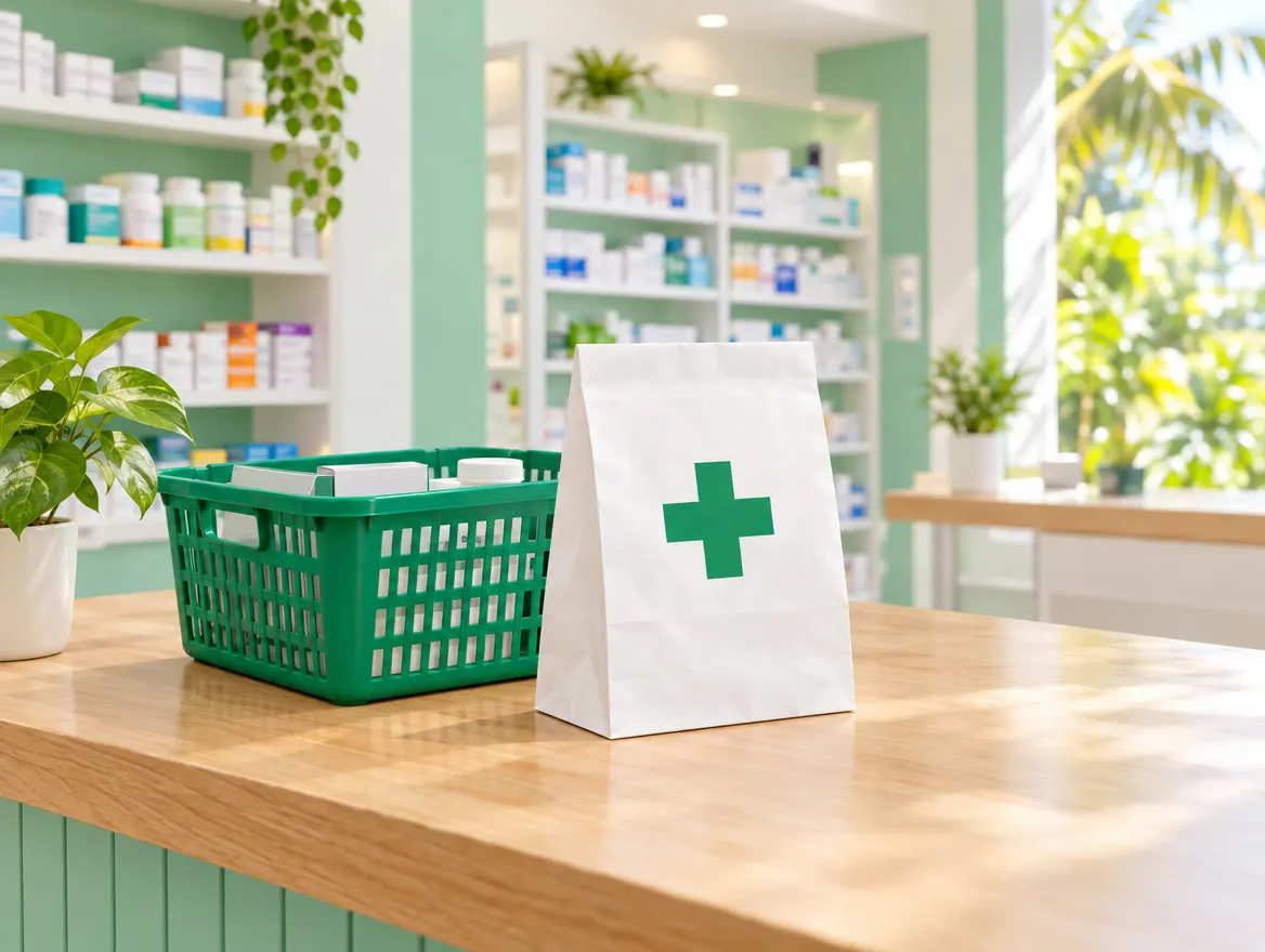 Pharmacy counter with orders ready to collect